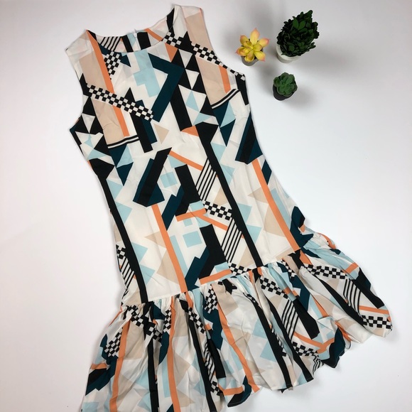 CREE GREEN MUSTARD MULTI GEO RUFFLE SLEEVELESS DRESS - Picture 4 of 9